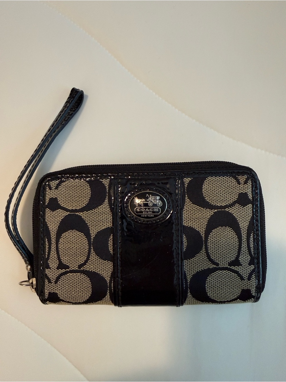 Coach Black Signature Canvas Wristlet Wallet with Patent Trim